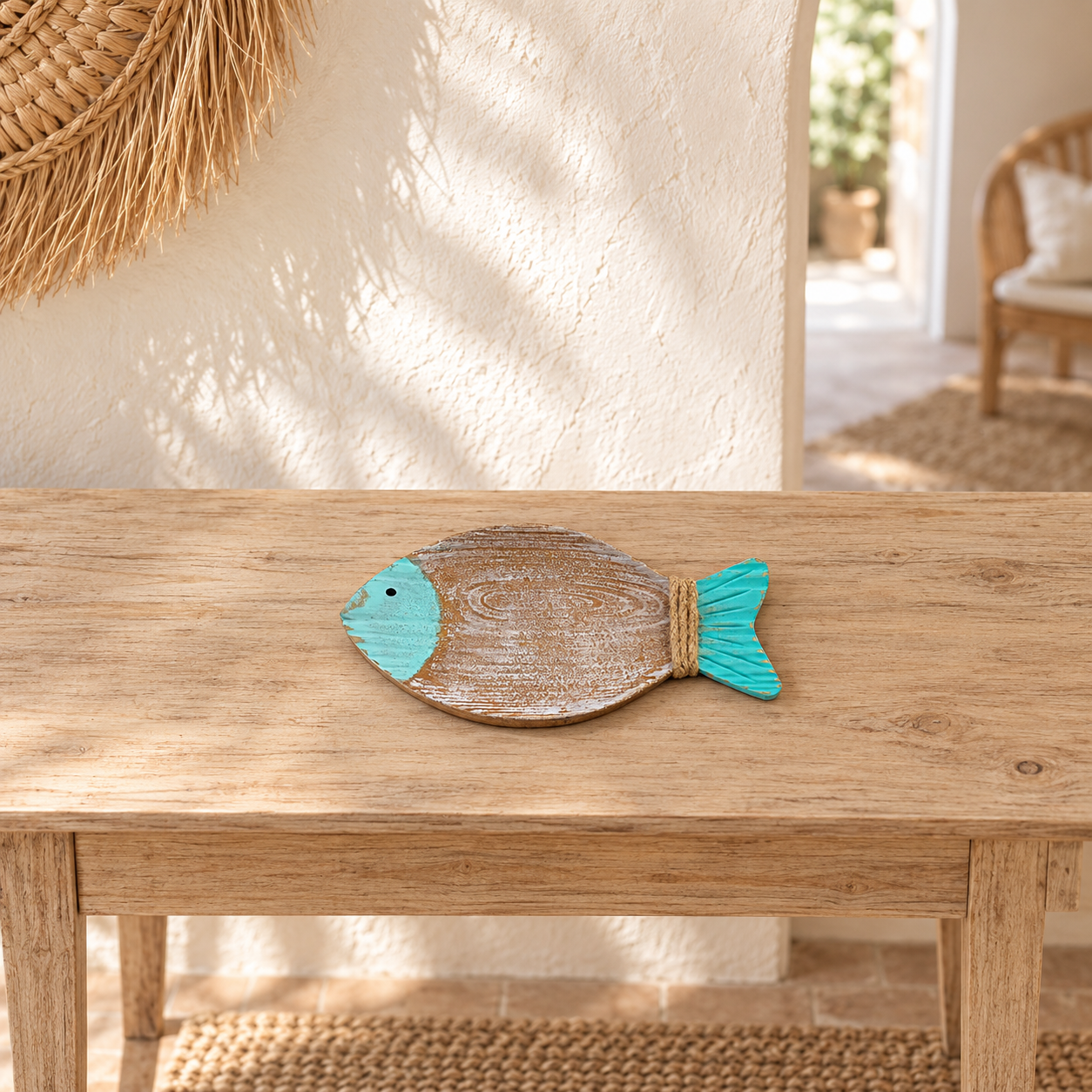 Dienblad in visvorm van MDF, articolo 32503, in un ambiente interno mediterraneo