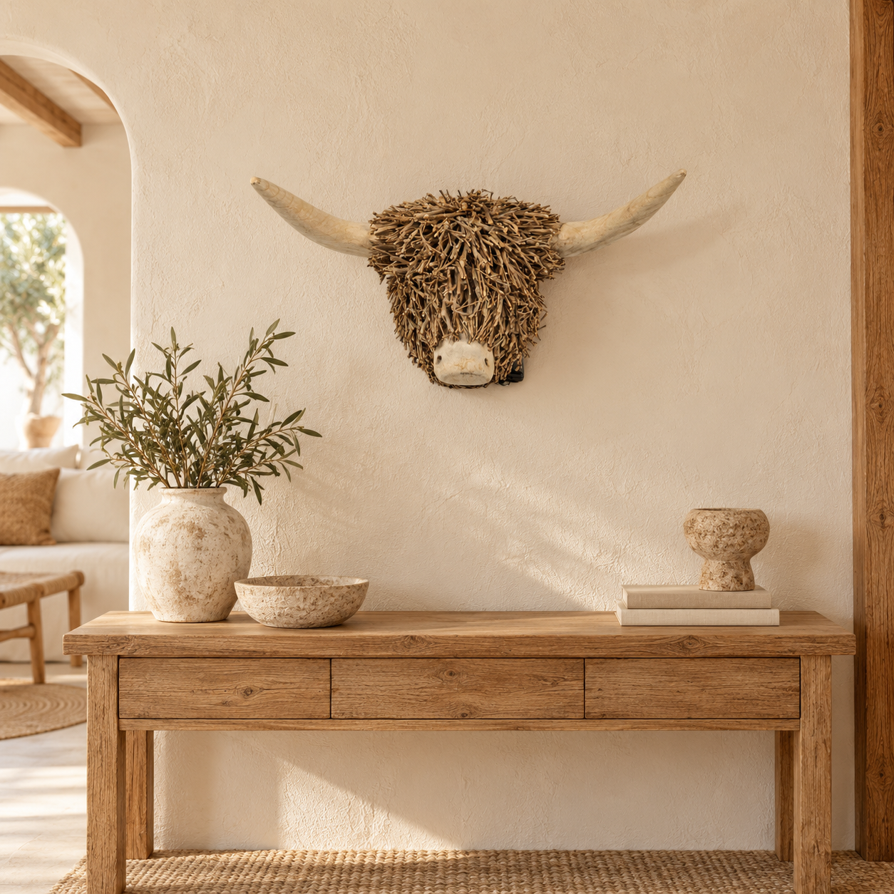 Testa di toro in legno da parete, 45 × 26 × 36 cm, articolo 39565, in un ambiente interno mediterraneo